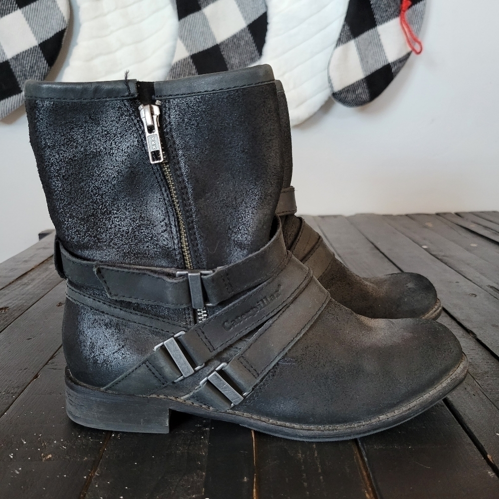 Caterpillar Black Boots Booties Women's 7 Buckle Straps Leather Short Ankle